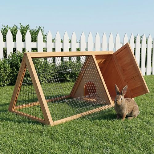 PawHut 46" x 24" Wooden A-Frame Outdoor Rabbit Hutch, Small Animal Cage, Bunny Hutch with Outside Run & Ventilating Wire, Yellow - color: Brown, size: 45.8"L x 24.5"W x 20.8"H