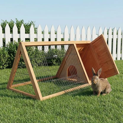 PawHut 46" x 24" Wooden A-Frame Outdoor Rabbit Hutch, Small Animal Cage, Bunny Hutch with Outside Run & Ventilating Wire, Yellow - color: Brown, size: 45.8"L x 24.5"W x 20.8"H