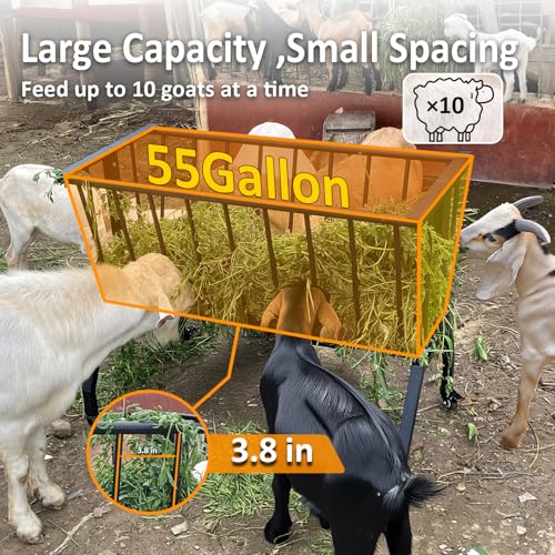 Hay Feeder Goat，55 Gallon Livestock Feeders, Pasture Feeder for Feeding Goats, Sheep and Ponies, for Farms, Sheep Sheds，Stable，Floor Model Hay Feeder for Goats，Black