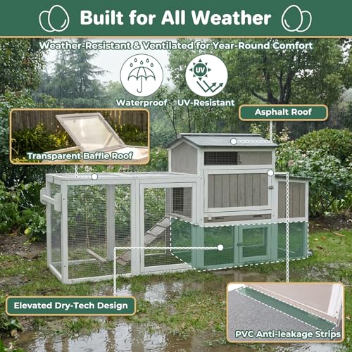 Mobile Chicken Coop with Wheels, Weatherproof Large Hen House Chicken Tractor with Nesting Box, Roosting Bars, Pull-Out Tray, Asphalt Roof & Fun Swing for Chickens Quails, Backyard Use