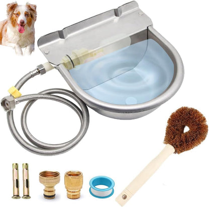 Automatic Animal Drinking Water Bowl with Drain Hole, Float Valve, 304 Stainless Steel Water Bowl for Dog Goat Cowl Chicken Animals, with Hose, Brush, Quick Connector Adapter, Countersunk Bolts