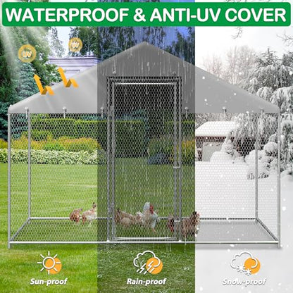 Metal Chicken Coop, Large Walk-in Chicken Run with Waterproof Cover, Spire Roof Hen House Poultry Cage for Outdoor, Backyard,Farm(6.43'Wx9.71'Lx6.41'H) - size: 116.5"L x 76.8"W x 76.5"H