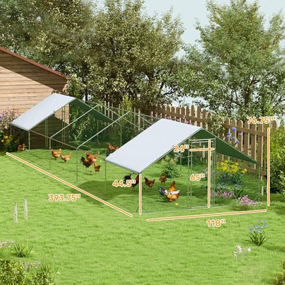 PawHut Large Chicken Coop Metal Chicken Run with Waterproof and Anti-UV Cover, Spire Shaped Walk in Fence Cage Hen House for Outdoor and Yard Farm Use, 1" Tube Diameter, 9.8' x 32.8' x 6.4' - size: 393.7"L x 118.1"W x 76.8"H