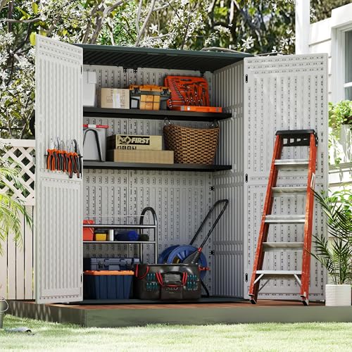 EHHLY Vertical Resin Storage Shed with 2 Shelves, 60 Cuft Garden Tool Sheds & Outdoor Storage, Plastic Outdoor Storage Cabinet Waterproof, 4.5 x 2.3 ft Outside Lawn Mower Storage Shed, Light Grey - color: Light Grey, size: 60 Cuft/2 Shelves