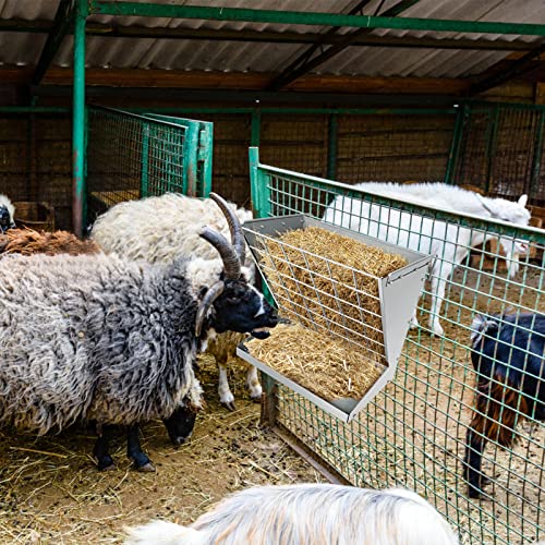 Wall Mount Hay Rack, Heavy-Duty Galvanized Metal 2 in 1 Hay and Grain Feeder, Livestock Feeder with Adjustable Distance, Hay Feeder for Goats, Sheep, Horse - color: Silver