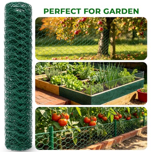 Green Chicken Wire for Floral Arrangements, Garden Fencing Netting | 15.7 x 394 in, PVC Coated, DIY Crafts, Poultry, Garden, Chicken Coop Wire, Rabbit Enclosure, w/Zip Ties Cutting Pliers Gloves - size: 15.7 x 394 inch