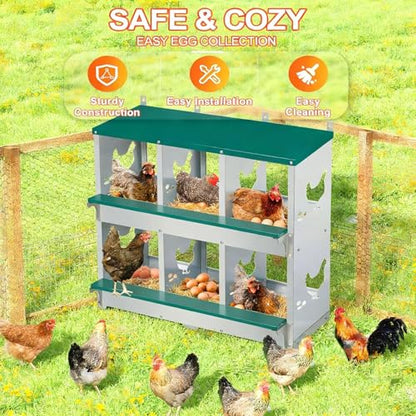 Garvee Large Metal Chicken Nesting Boxes for Hens, 6 Compartment Galvanized Steel Nesting Box with Legs, Includes 4 Fake Eggs & 10 Soft Nest Pads, Wall Mount or Freestanding for Coop & Farm - style: 6 Holes w/ Legs