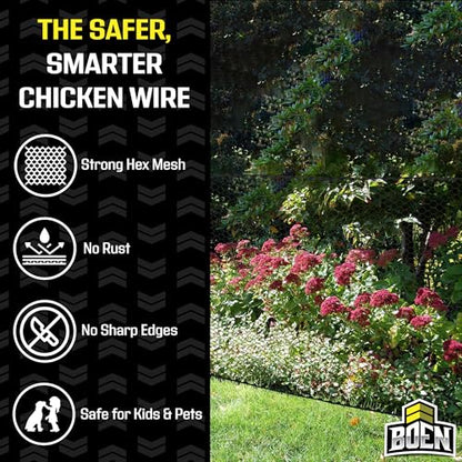 Boen Poultry hex Netting Plastic Temporary Barrier Chicken Wire Protection for Yard (3' x 25', Black)
