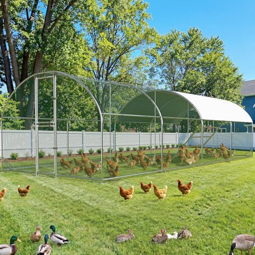 Extra Large Chicken Coop,26x10x6.6FT Metal Chicken Run for Yard with Feeding Door, Round Top Walk-in Chicken Pen,Outdoor Poultry Cage with Anti-UV Cover,Rabbit Duck House - color: Oval Shape, size: 315.0"L x 118.1"W x 78.7"H