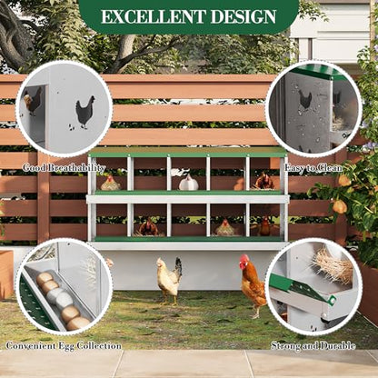 Chicken Nesting Box,10 Compartments Galvanized Steel Metal Chicken Laying Box with Roll Out Egg Collection,Wall Mount Chicken Nesting Boxes,Easy Egg Collection, Hen Roosting Boxes - color: Green, size: 10 Holes