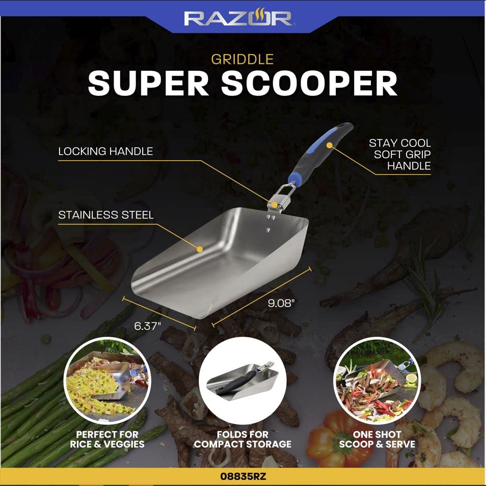 Razor Griddle Food Scooper, Multi-Purpose Stainless Steel Griddle Food Mover, Extra-Large Scooper for Bulk Meals, Vegies for Outdoor Cooking, BBQ, Grilling, Shovel Spatula for Stir Fry & More -08835RZ
