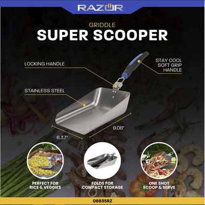 Razor Griddle Food Scooper, Multi-Purpose Stainless Steel Griddle Food Mover, Extra-Large Scooper for Bulk Meals, Vegies for Outdoor Cooking, BBQ, Grilling, Shovel Spatula for Stir Fry & More -08835RZ