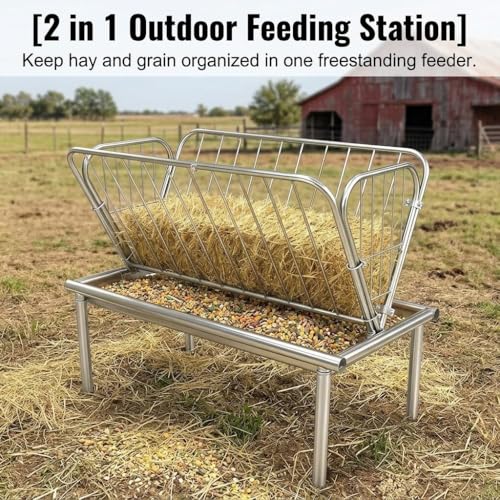 Heavy Duty Hay Feeder for Goats and Horses, 4 FT Galvanized Steel Livestock Feeder with Deep Grain Feeding Pan, Durable Outdoor Pasture Hay Rack for Sheep, Cows and Farm Homestead