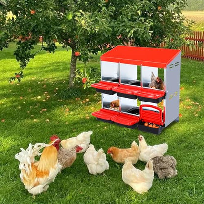 Garvee Chicken Nesting Boxes, 6 Hole Metal Chicken Laying Box with Removable Trays for Chicken Coop, Red - color: red, size: 6 grids