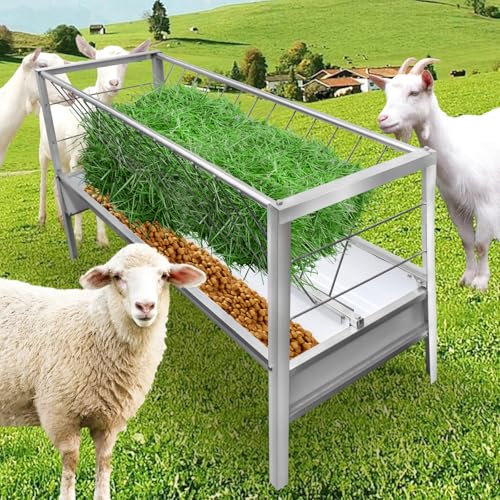 77Gal Heavy-Duty Galvanized Steel Hay Feeder for Goats & Horses, 2-in-1 Large Capacity Feeder/Farm/Trough with Smooth Edges, 14-Livestock Feeding, Ranch/Poultry Use, Weatherproof & Rust-Proof Design