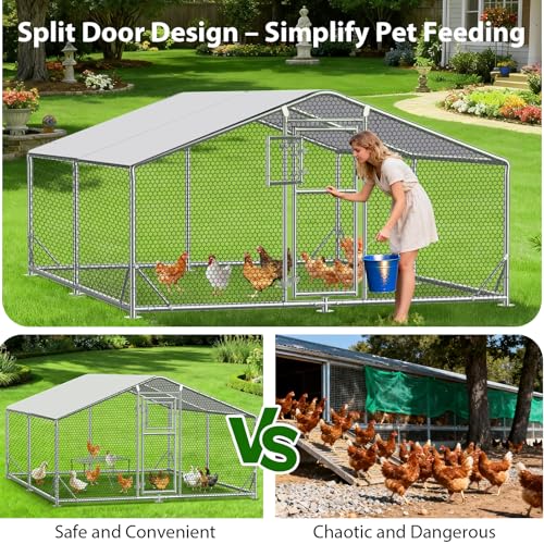 13x10x6.5 FT Walk in Chicken Coop, Functional Split Door Metal Chicken Coop Run with Hardware Cloth & Cover, Heavy Duty Duck Pen with Galvanized Frame, Large Animal Run for Chicken, Duck, Goat - size: 157.0"L x 118.0"W x 77.0"H