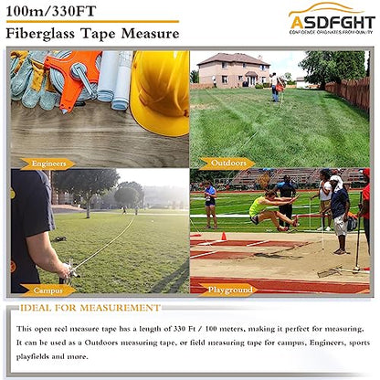 Open Reel Tape Measure 330 Feet, Fiberglass Tape Measure, Yard Measuring Tape Fit for Sports Field, Outdoor, Engineer,Track, Durable Dual-Sided Measuring Reel with Feet and Meters (1/2') - size: 100 m