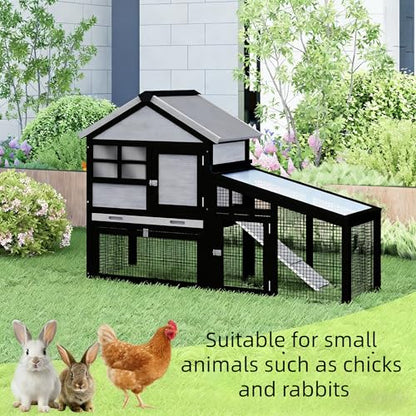 Chicken coop and activity area, dual-level rabbit cage for indoor/outdoor use, accommodates 2-3 chickens. Includes ramp and leak-proof deep-draw tray. Suitable for chicks and rabbits (black). - size: 53.5"L x 23.6"W x 38.2"H