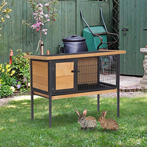 PawHut Rabbit Hutch Elevated Bunny Cage Small Animal Habitat with Metal Frame, No Leak Tray, Metal Wire Pan, Openable Water-Resistant Asphalt Roof for Rabbits, Chickens, Ducks, Indoor/Outdoor Natural - color: Natural Wood