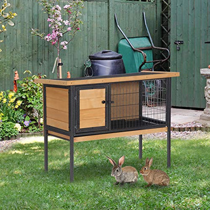 PawHut Rabbit Hutch Elevated Bunny Cage Small Animal Habitat with Metal Frame, No Leak Tray, Metal Wire Pan, Openable Water-Resistant Asphalt Roof for Rabbits, Chickens, Ducks, Indoor/Outdoor Natural - color: Natural Wood