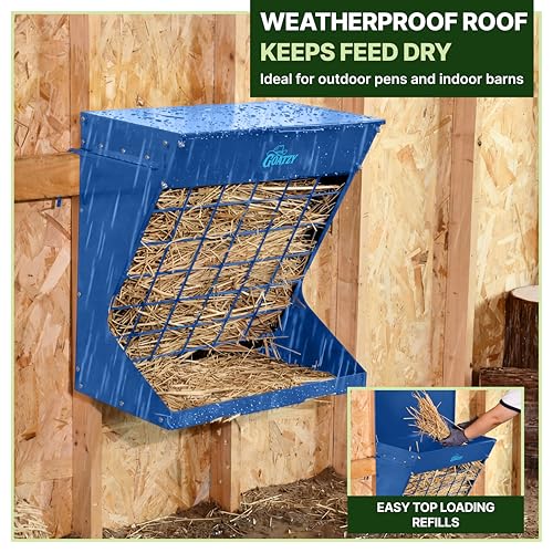 Wall Mount Hay Rack And Hay Feeder For Goats Sheep And Horses, Covered Galvanized Steel Goat Hay Feeder With Hinged Roof, 25 Gallon 2-In-1 No Waste Hanging Holder Grain Bin with hook For Cattle - color: Blue