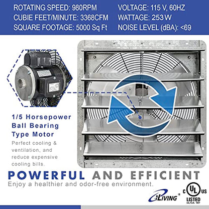 iLIVING 20" Wall Mounted Shutter Exhaust Fan, Automatic Shutter, with Thermostat and Variable Speed controller, 2.2A, 3368 CFM, 5000 SQF Coverage Area Silver (ILG8SF20V-ST) - size: 20 Inches