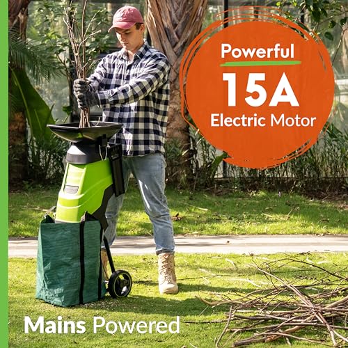 GreenSweep Electric Wood Chipper & Mulcher – 15A Powerful Garden Chipper for Branches, Sticks & Yard Waste – Compact, Quiet & Easy to Use with Collection Bag - color: Dark Green
