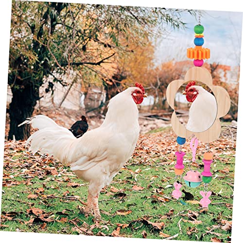 Wooden Hanging Mirror Toy for Chickens Bells Interactive Pet Mirror for Cage Play Reduces Loneliness for Hens and