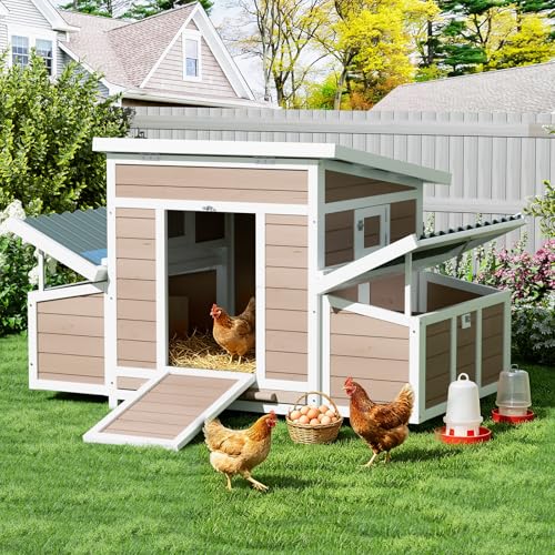 Chicken Coop, Large Wooden Chicken House with Waterproof Roof & Pull-Out Tray, Outdoor Chicken Hutch with 6 Nesting Boxes, Duck Coop Hen House for 4-6 Chicken, Khaki - color: Khaki