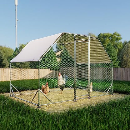 CHIKENCOOP 9.8x6.5x6.5 ft Metal Chicken Coop, Chicken Run with Cover | Walk-in chicken run with a trapezoid-style roof, water-resistant PE cover, galvanized steel frame, and lockable door. - size: 118.0"L x 80.0"W x 79.0"H