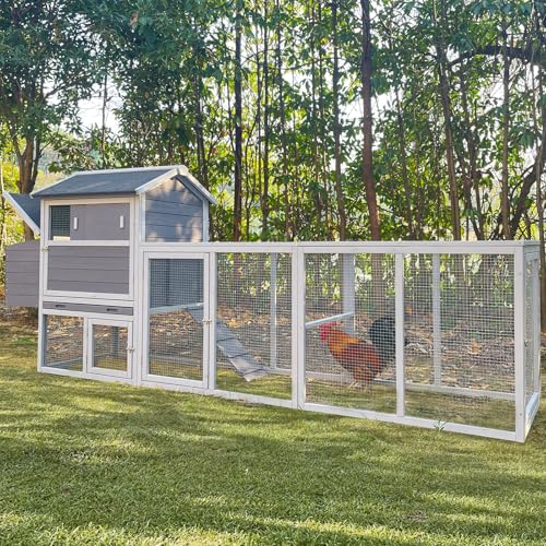 Chicken Coop, Large Wooden Chicken Coop with Nesting Boxes & Run Cage for 3-6 Chickens, Outdoor Hen House Poultry Hutch Rabbit Cage with No-Slip Ramp & Pull-Out Tray for Backyard Farm (Grey) - color: Grey - For 3-6 Chickens
