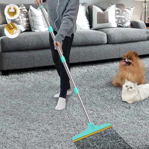 B-Land Carpet Rake for Pet Hair Removal, Reusable Pet Hair Remover with 60” Adjustable Long Handle, Carpet Scraper Dog Cat Hair Remover Tool for Rugs, Mats, Couch, Furniture Blue - color: Blue