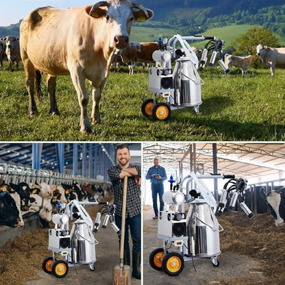550W Electric Cow Milking Machine, 6.6 gal / 25L 304 Stainless Steel Bucket, Automatic Cow Milker with Vacuum Pulsation, 5-8 Cows Per Hour with Silicone Cups and Tubes, Wheels for Cows and Goats