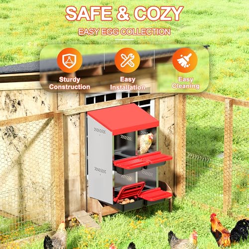 ZenxyHoC Two-Tier Chicken Nesting Boxes, Metal Chicken Egg Laying Box with Swing Perch and Rollout Egg Collection for Chicken Coop Red 4 Compartments - size: 4 Compartments