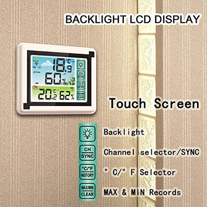Number-one Wireless Weather Station Indoor Outdoor Thermometer with Remote Sensor, Digital Temperature and Humidity Monitor with LCD Backlight, Touchscreen, Min/Max Records for Home, Office, Baby Room
