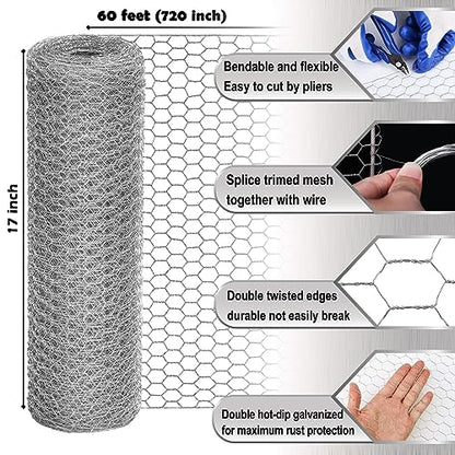 Chicken Wire Fencing Mesh, 17 Inch x 60 Feet Metal Floral Chicken Wire Fence for Crafts Poultry Garden, 0.6 Inch Hexagonal Galvanized Hardware Cloth Netting for Chicken Coop Barrier Rabbit Cage - size: 17in x 60ft
