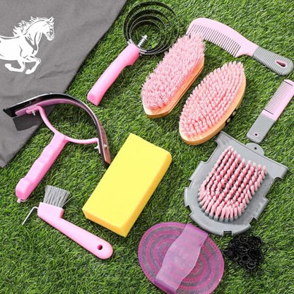 Abbylike 12 Pieces Horse Grooming Kit Racing Festival Tack Room Supplies Horse Brush Sets Equine Care Cleaning Kit Shedding Grooming Massaging Tools(Pink and Grey) - color: Gray