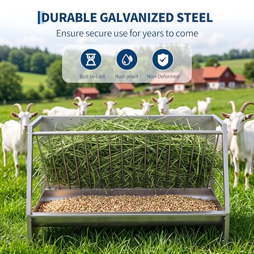 Garvee 5 ft Pasture Hay Feeder, Heavy Duty Galvanized Steel 2-in-1 Hay & Grain Feeder, 60 Gallon Large Capacity, Outdoor Livestock Feeder for Goats, Sheep, Pony & Miniature Horses