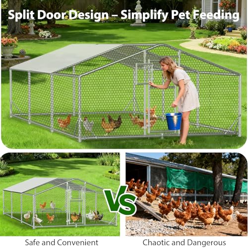 20x10x6.5 FT Large Metal Chicken Coop, Functional Split Door Chicken Coop Run with Cover & Hardware Cloth,Heavy Duty Chicken Pen with Aluminum Frame, Easy Setup Animal Run for Hen, Duck, Goat - size: 236.0"L x 118.0"W x 77.0"H