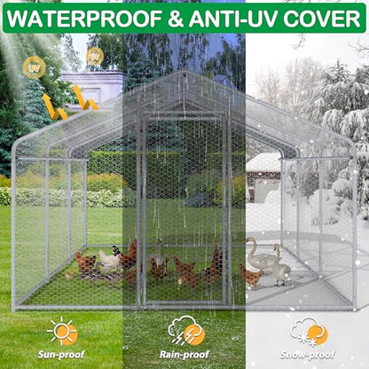 Large Metal Chicken Coop, Walk-in Chicken Run Pen with Waterproof Cover, Spire Roof Hen House Poultry Cage for Outdoor, Backyard, Farm(8.9x19 FT) - size: 227.0"L x 107.5"W x 77.0"H