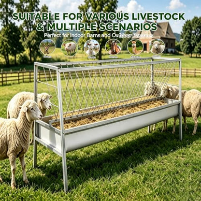 98 Gal Livestock Hay Feeder, Quick Bolt Easy Installation, Angled Grid Structure, Elevated 2-in-1 Trough, Multi Animal Use for Ranch Pasture Barn Daily Feeding