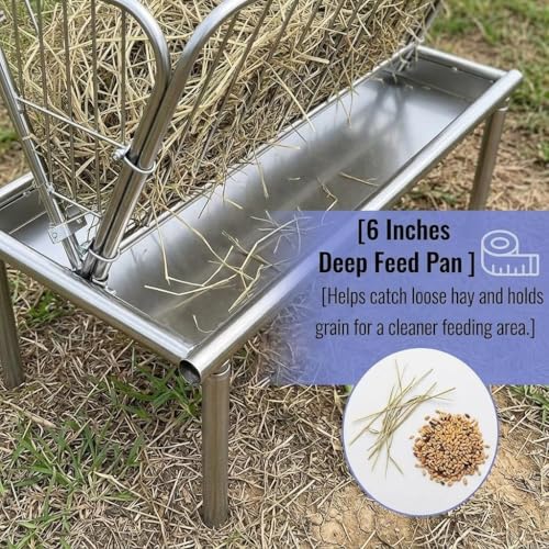 Large Capacity Heavy Duty Hay Feeder, Galvanized Steel Livestock Feeder with 2 in 1 Grain Feeding Pan, Durable Goat Feeder for Horses, Sheep, Cows and Homestead Pasture Feeding