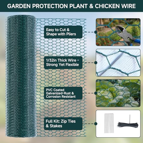 16In x 49.2Ft Plant Protectors from Animals, Wire Plant Cages for Outdoor Plants Chicken Wire Garden Protection from Animals Plant Fence Protectors to Keep Animals Out with Ground Stakes & Nylon Ties