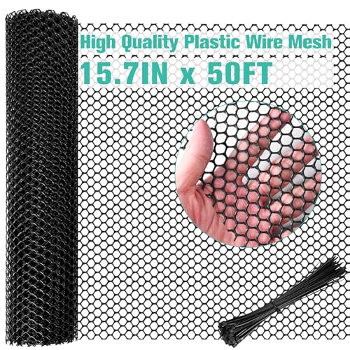 Plastic Mesh Fence Sheet 15.7IN x 50FT - 0.3IN Opening Plastic Chicken Wire Netting Roll Durable for Dogs, Poultry, Puppy, Garden Snake Barrier with 50 Pcs Zip Ties - Black - color: Black, size: 15.7IN x 50FT + 50Ties