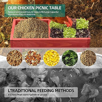 Chicken Picnic Table, Chicken Feeder No Waste Handmade Wooden, Large DIY Chicken Feeder Kit, Wild Bird, Duck & Squirrel Feeders, Mesh Bottom Keep Food Fresh and Dry Easy to Clean and Fill（Red Paint - color: Red Solid Wood