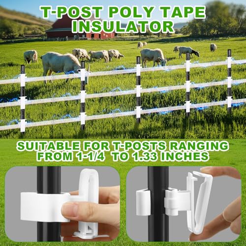 Kingdder 39 Pack Electric Fence Kit Include 3/4 Inch x 1312 ft Electric Fence Tape 25 T-Post Poly Tape Insulator 3 Connectors 10 Polytape Splicer for Livestock Deer Garden Protection Farm Enclosure