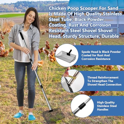 10inch Large Metal Chicken Poop Scooper, Chicken Poop Scooper for Sand with Adjustable Stainless Steel Handle, Chicken Coop Scooper for Sand Suitable for Chicken Coops, Rabbit Coops, Stables, Gardens - size: 2.3"L x 10.0"W x 64.0"H