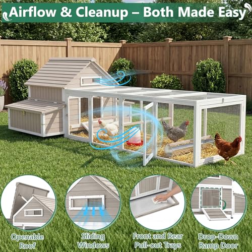 Large Chicken Coop for 6-8 Chickens with 6 Nesting Boxes, Wooden Outdoor Hen House with 9 Access Doors, Backyard Chicken Coop with Run, 5 Perches & Swing, Pull-Out Tray, Weatherproof Openable Roof - size: 118.3"L x 61.0"W x 40.0"H