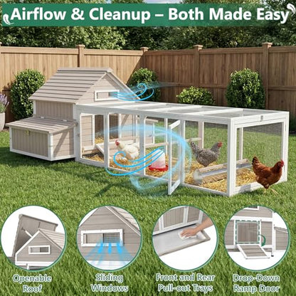 Large Chicken Coop for 6-8 Chickens with 6 Nesting Boxes, Wooden Outdoor Hen House with 9 Access Doors, Backyard Chicken Coop with Run, 5 Perches & Swing, Pull-Out Tray, Weatherproof Openable Roof - size: 118.3"L x 61.0"W x 40.0"H