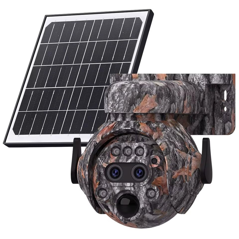 6MP Camouflage Hunting Solar Security Camera with 12x Zoom Dual Lens, Two-Way Audio, PIR Motion Activation, Suitable for Hunting Reconnaissance, Ranch Monitoring Security Monitoring
